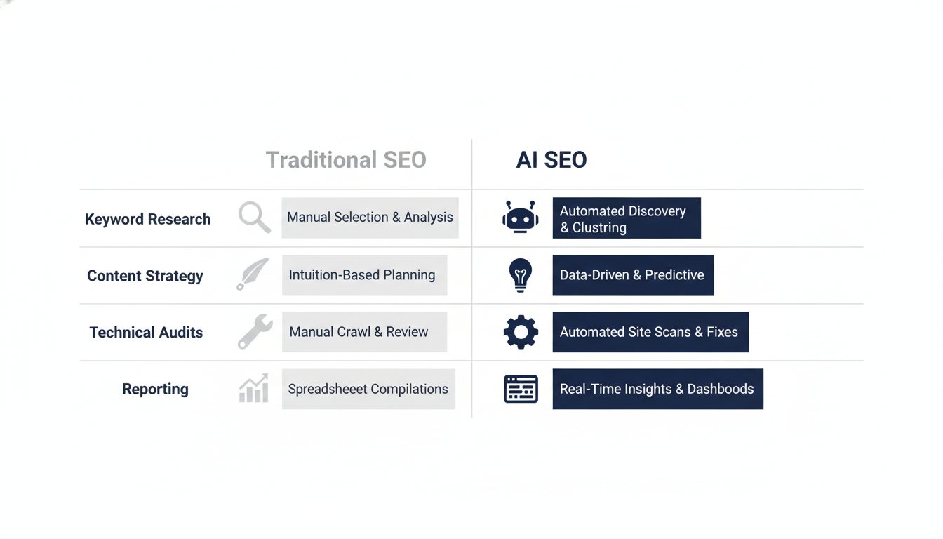Traditional SEO vs AI SEO comparison infographic, Santa Rosa digital marketing strategy