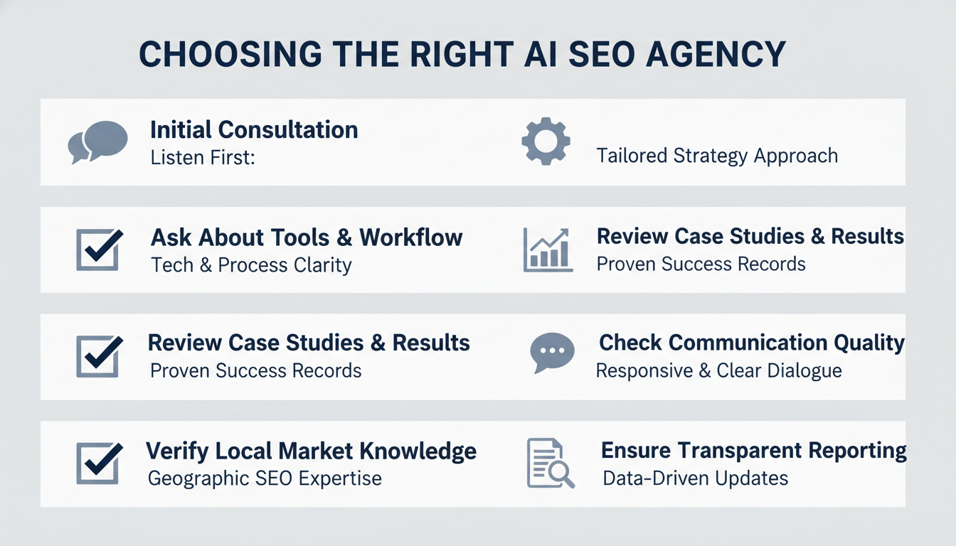 Agency selection checklist infographic with six evaluation criteria, Santa Rosa SEO choice