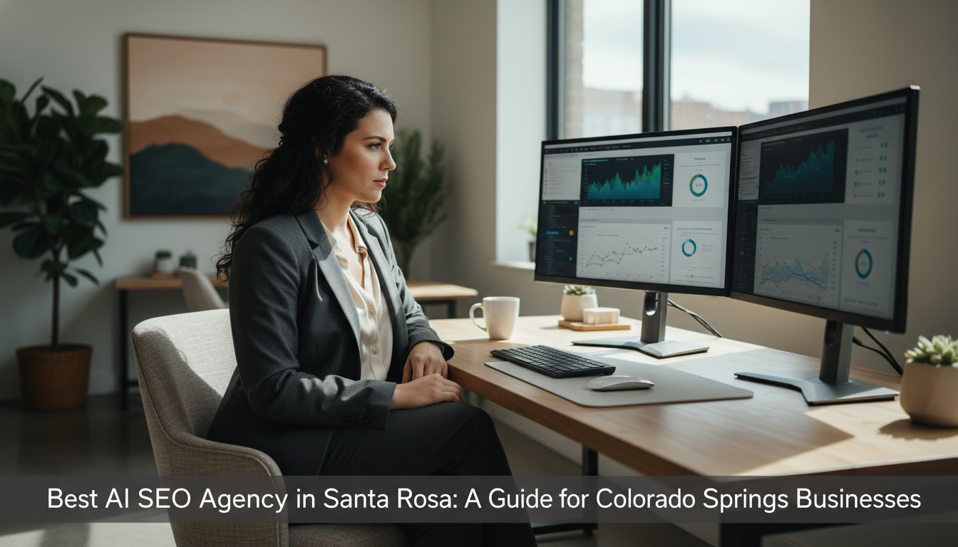 Professional woman analyzing AI analytics dashboards at modern office desk, Santa Rosa SEO services