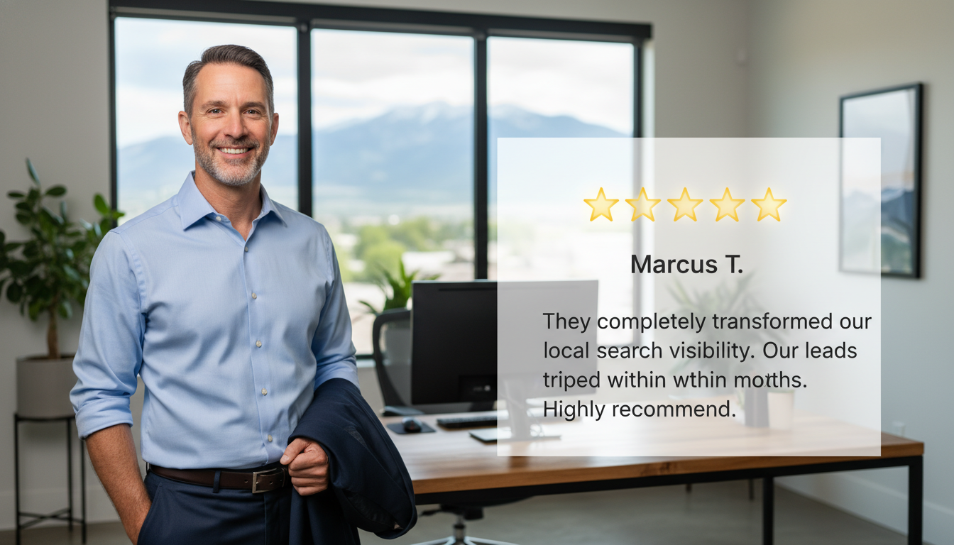 Business owner testimonial with five-star review overlay, Santa Rosa local SEO results