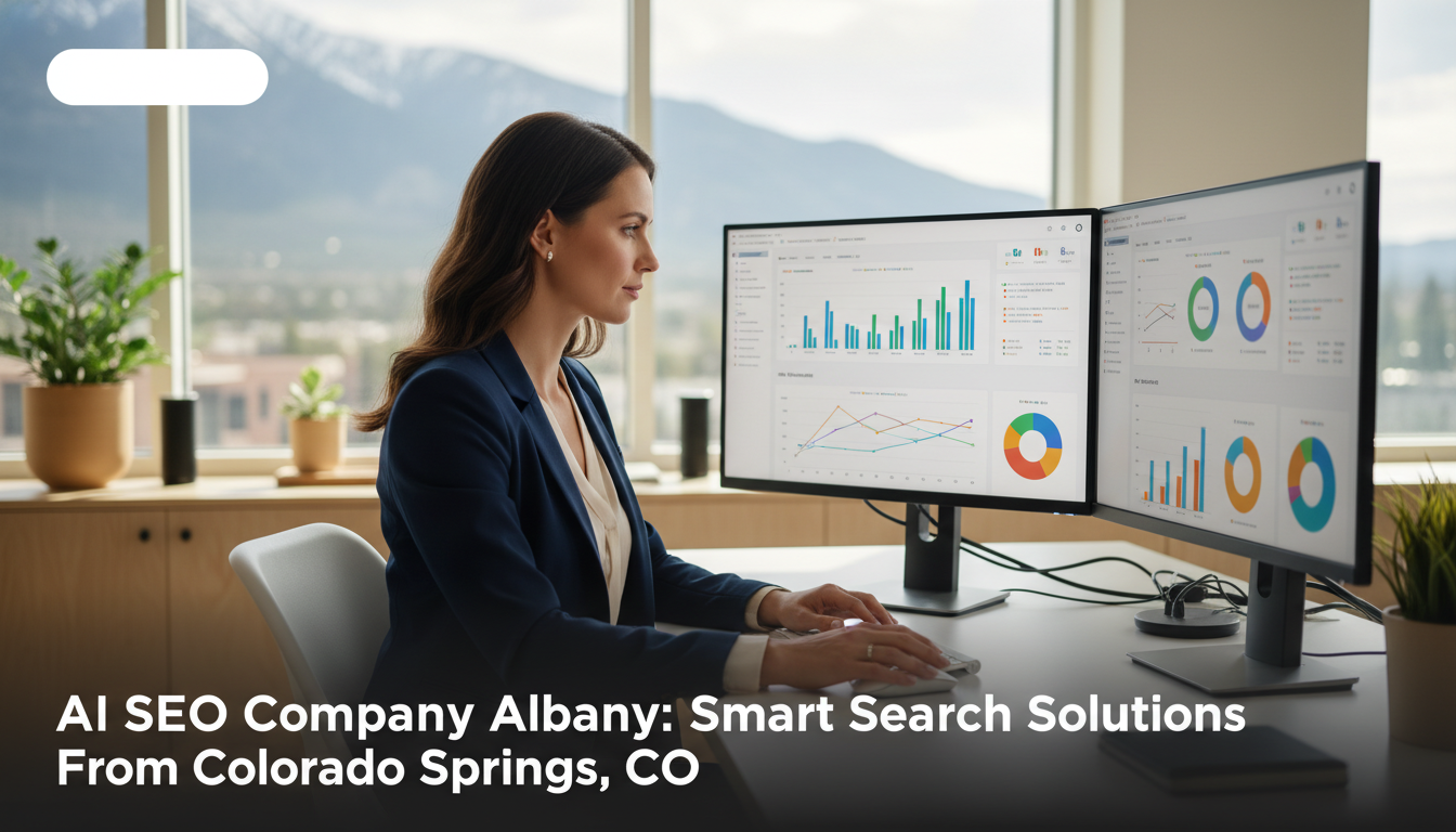 Professional woman reviewing SEO analytics at modern desk, Albany office environment with dual monitors displaying data charts