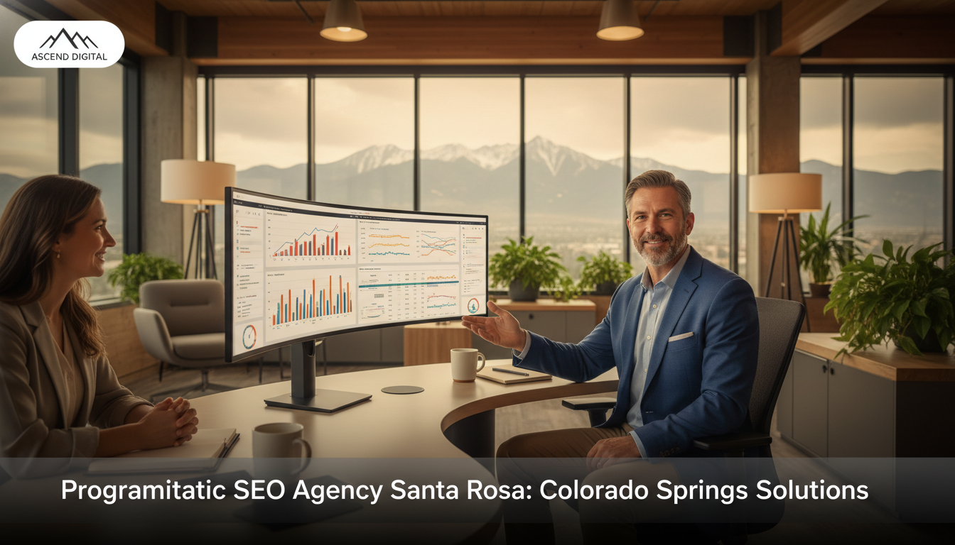Professional SEO consultant reviewing analytics in modern Santa Rosa office with Front Range mountain view, programmatic SEO agency service.