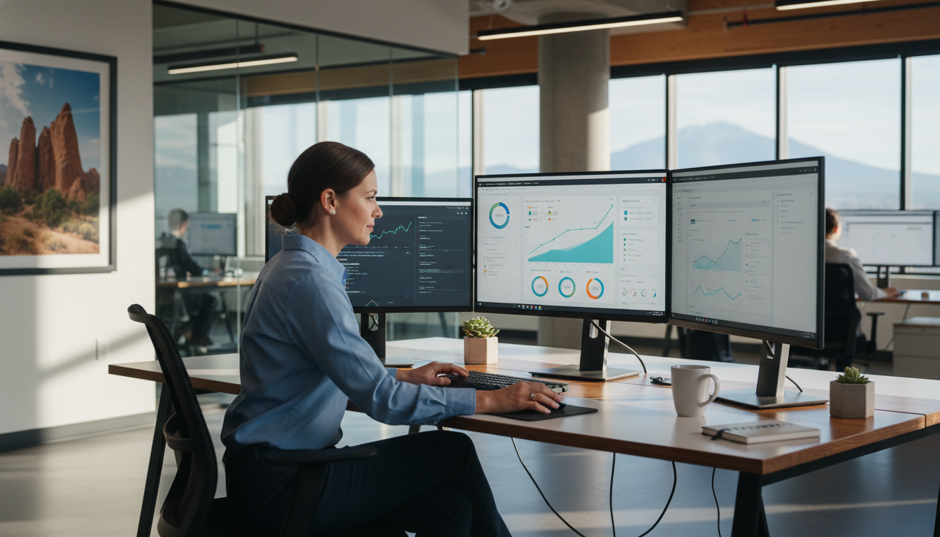 SEO strategist reviewing AI analytics dashboard in modern Colorado Springs office with multiple monitors