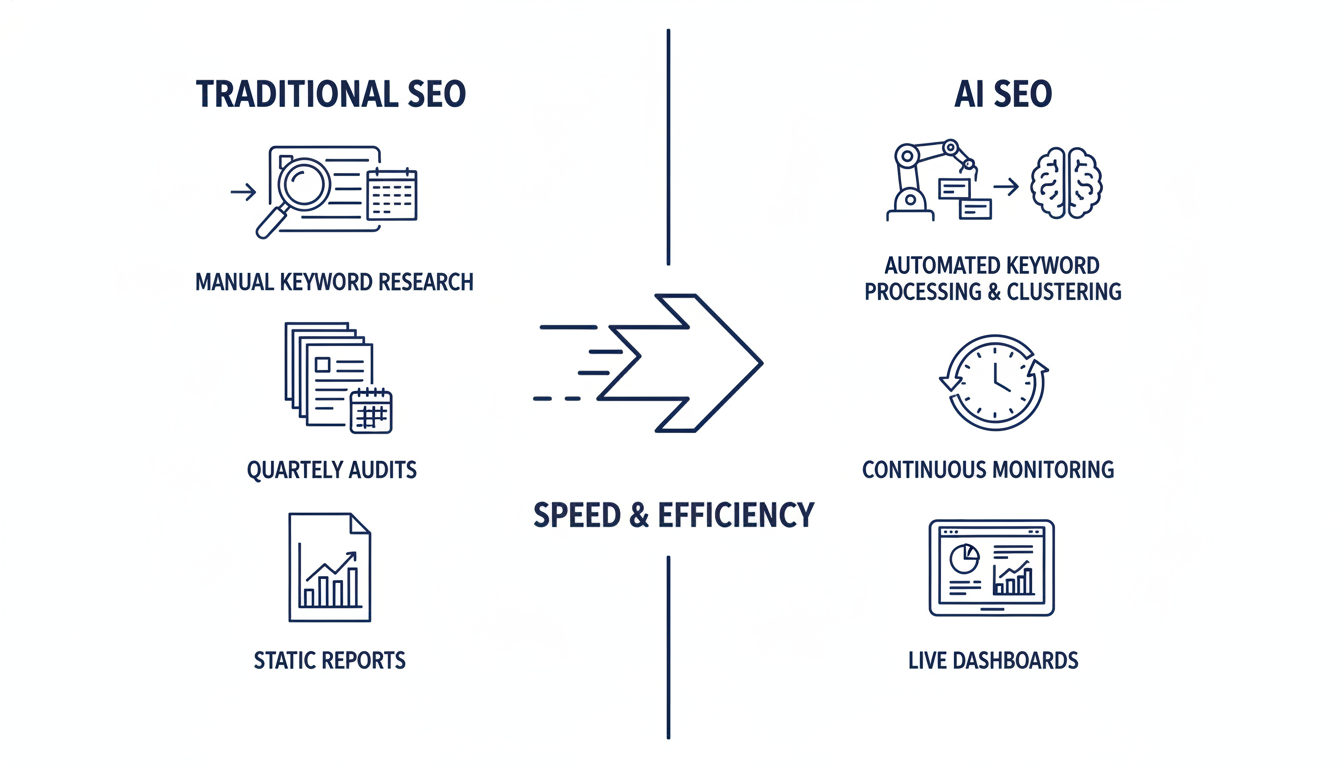 Comparison infographic: AI SEO vs Traditional SEO workflow showing automation advantages