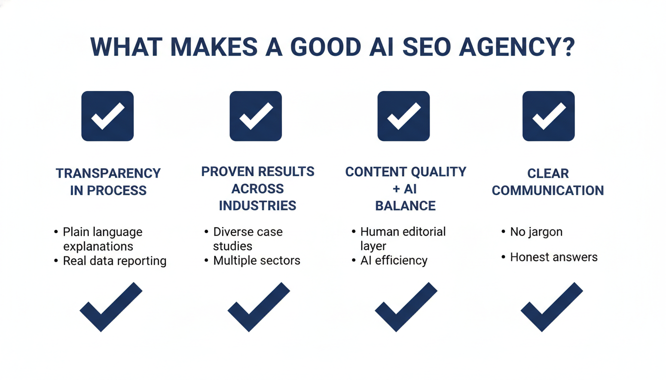 Evaluation checklist for AI SEO agencies: transparency, proven results, content quality, communication