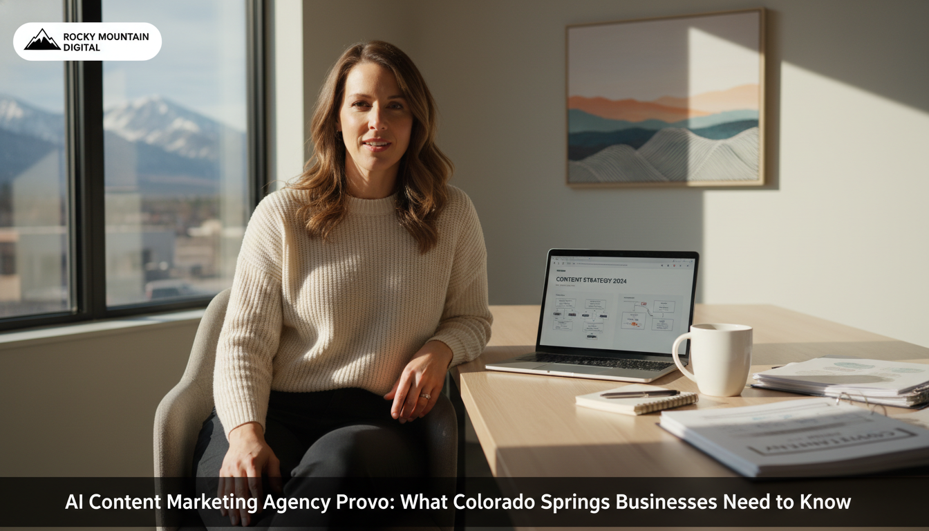 Content strategist reviewing AI marketing strategy at modern Provo office desk
