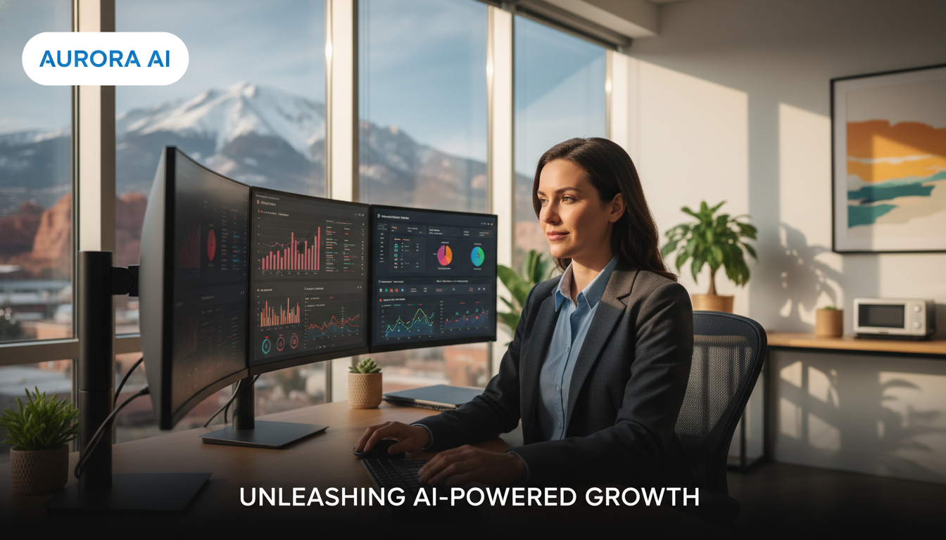 Professional marketer reviewing AI analytics dashboards in modern Waco office, AI SEO agency