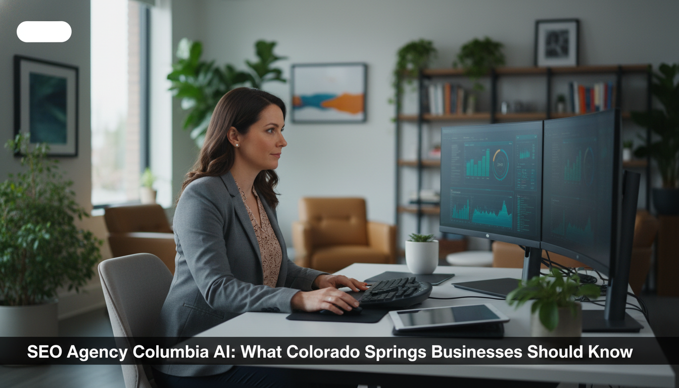 Professional SEO strategist analyzing data in modern Columbia office with dual monitors showing analytics dashboards