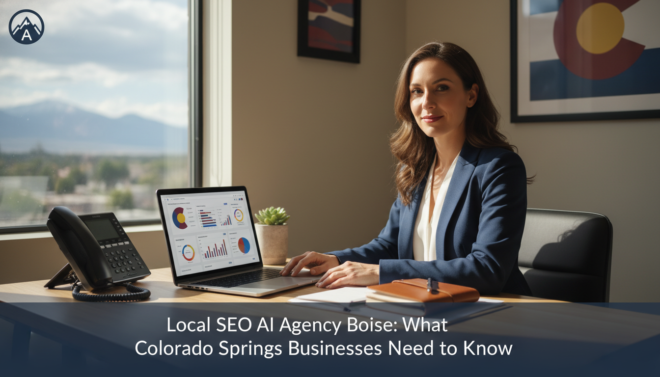 Business owner at modern office desk with laptop, analytics, and mountain view, Boise local SEO services