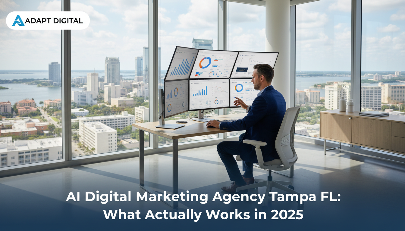 Digital marketing professional analyzing campaign data in modern Tampa office with skyline views