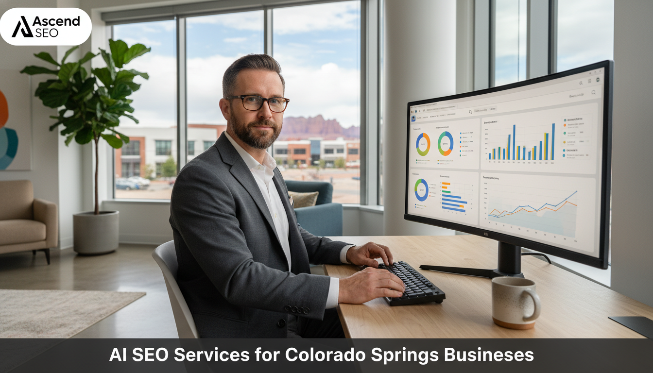 Business owner reviewing SEO analytics on computer in modern Killeen office with natural lighting