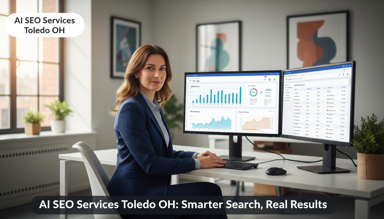 Digital marketing strategist analyzing SEO metrics on dual monitors in modern office, Toledo, OH