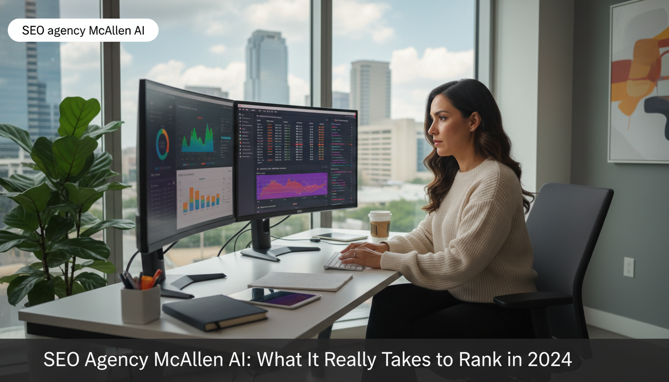 SEO specialist at modern office desk with dual monitors displaying analytics in McAllen, Texas