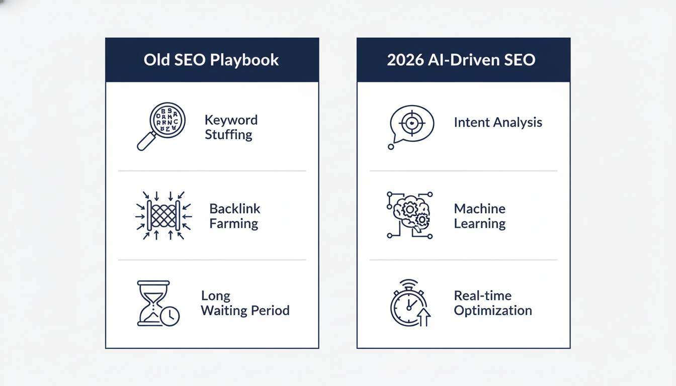 Comparison infographic: Old SEO Playbook vs 2026 AI-Driven SEO strategies for Colorado Springs businesses
