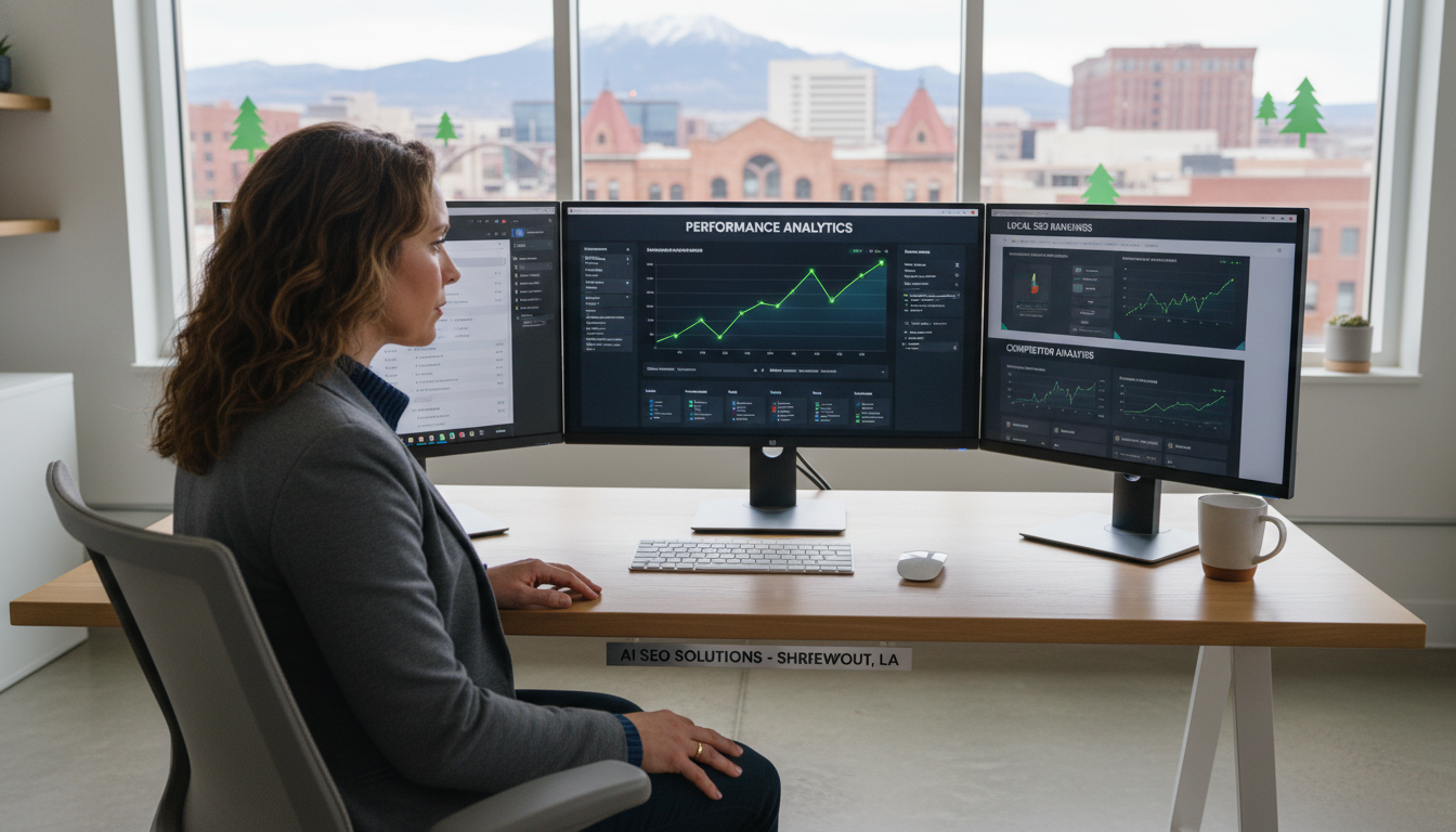 Digital marketer at modern office desk with multiple analytics monitors, Colorado Springs window view, AI SEO Company Shreveport