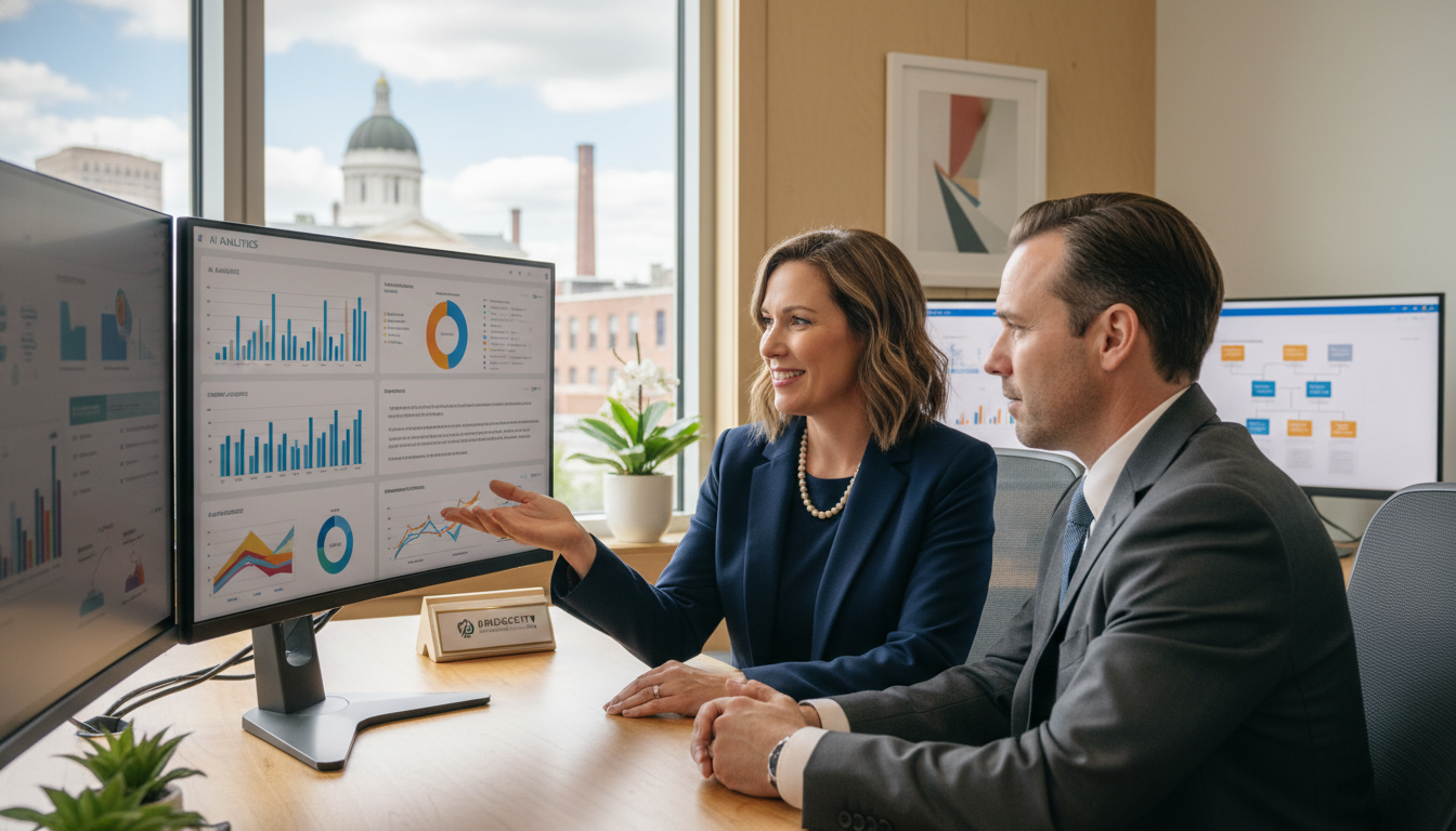 AI marketing strategist presenting analytics dashboard to client in modern Portland office