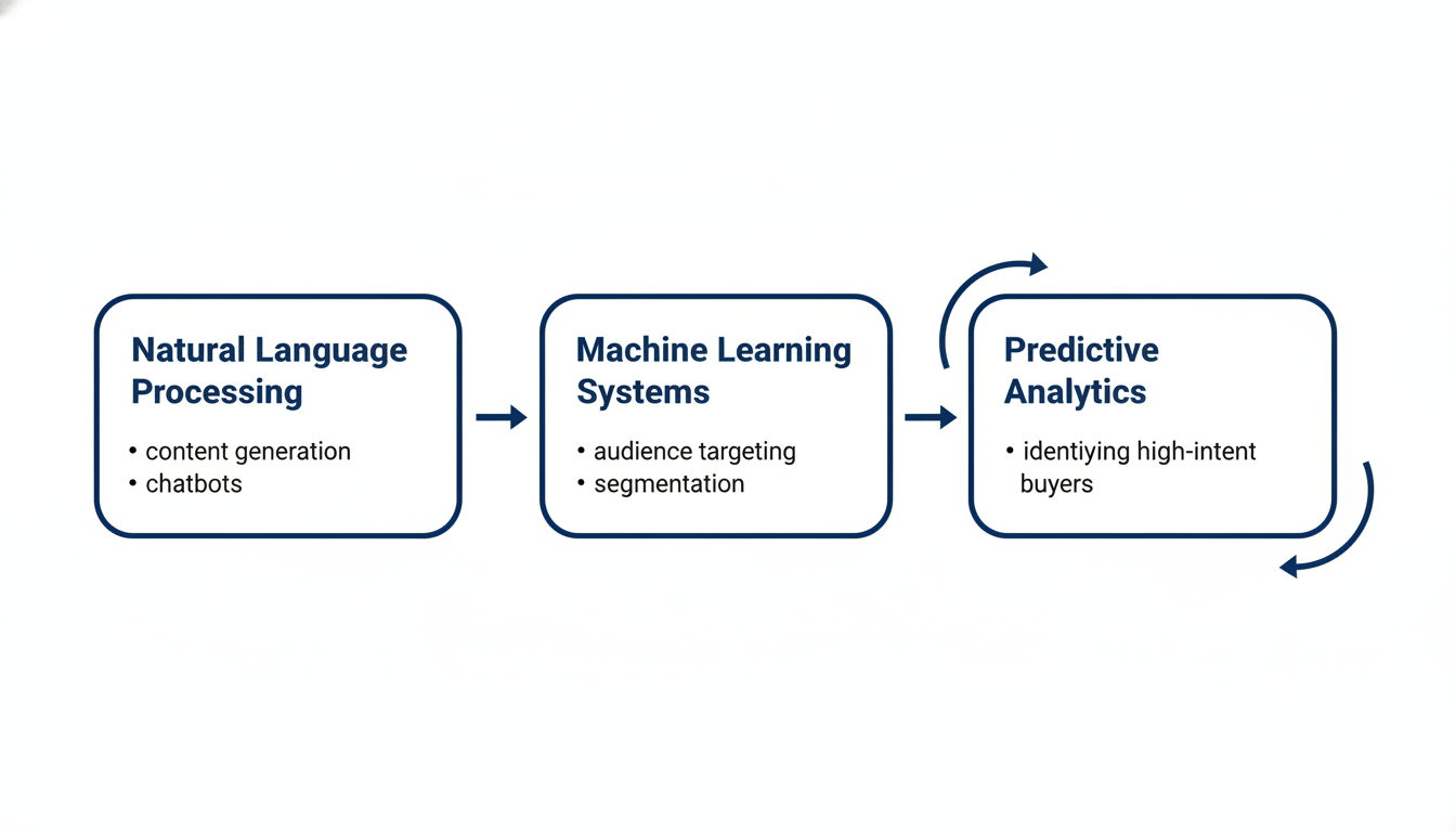 AI marketing technology flow: NLP, machine learning, and predictive analytics components