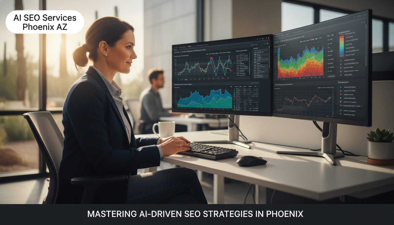 SEO strategist analyzing AI analytics dashboard on dual monitors in modern Phoenix office—AI SEO Services.