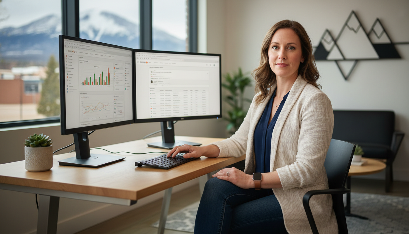 Professional digital marketing strategist at modern office desk with dual monitors displaying SEO analytics, Salt Lake City