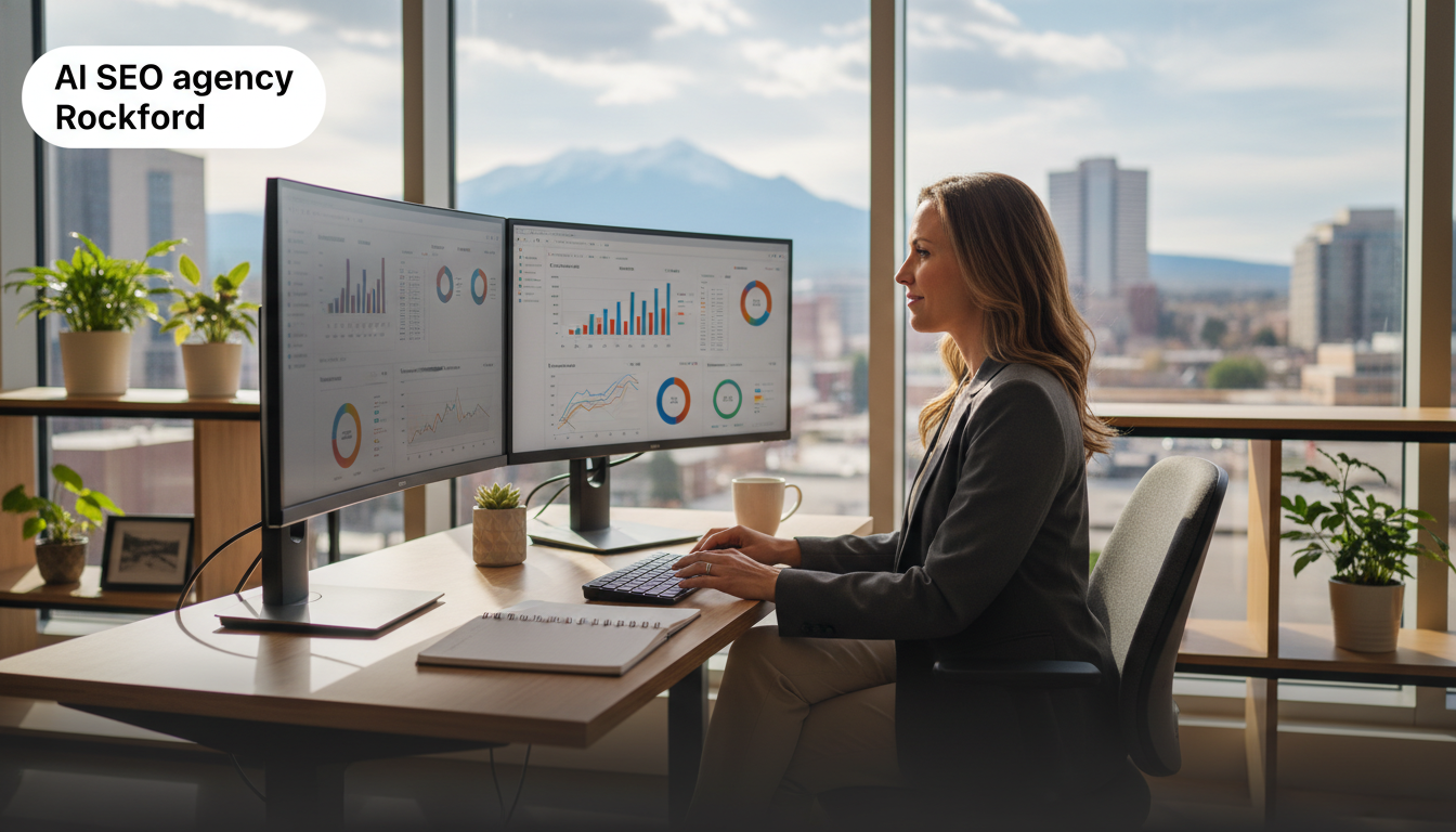 SEO strategist working at modern office desk with analytics dashboards, Rockford skyline