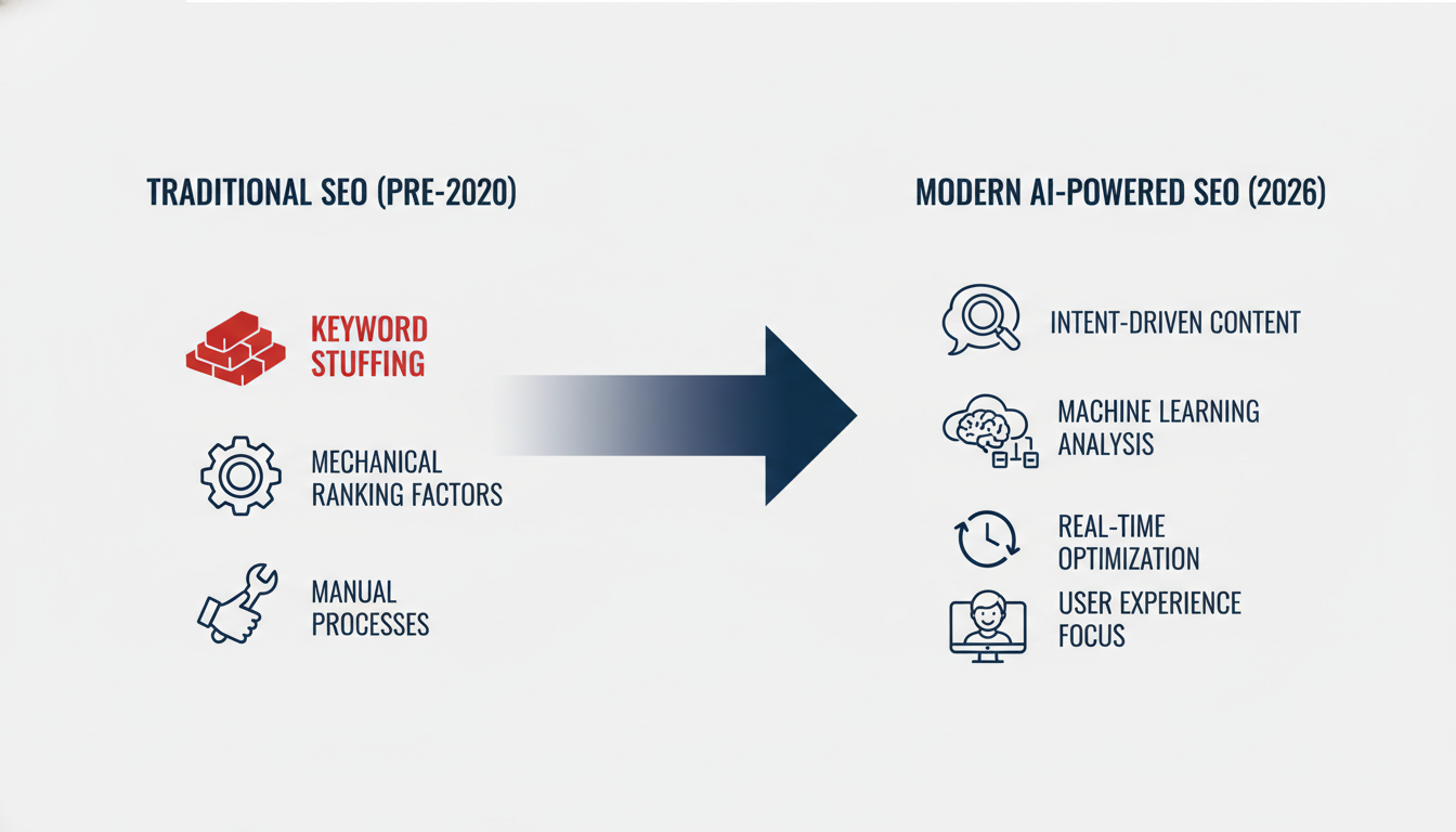 SEO evolution timeline comparing traditional vs. AI-powered methods in 2026