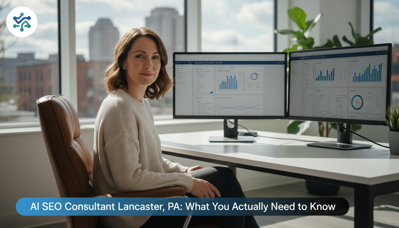 Professional AI SEO consultant at modern office desk with analytics displays, Lancaster PA