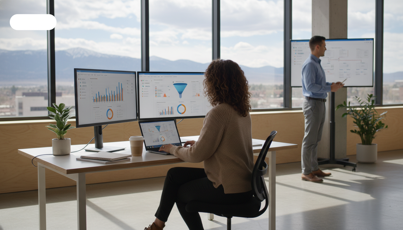 Marketing agency team working at desk with analytics dashboards in modern Harrisburg office.