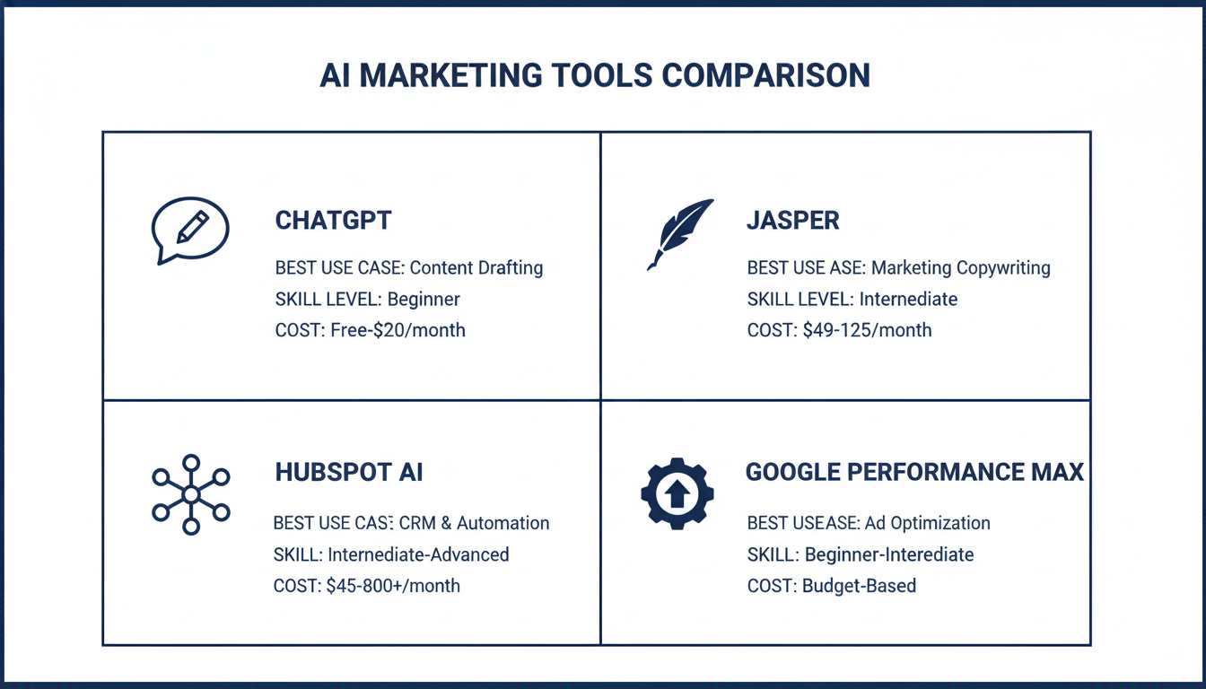 AI marketing tools comparison grid: ChatGPT, Jasper, HubSpot, Google Performance Max features.