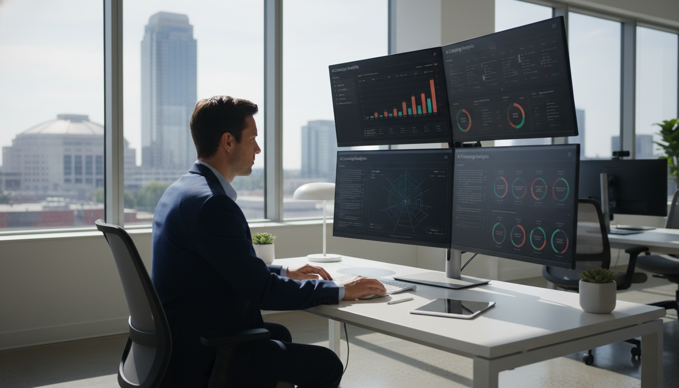AI marketing professional analyzing analytics dashboards at modern Indianapolis tech workspace with multiple monitors displaying data visualizations