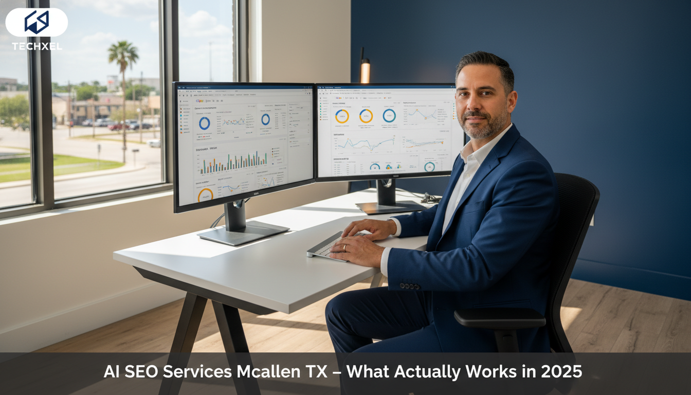 Digital strategist in modern McAllen office working on AI SEO optimization with dual monitors and analytics dashboards