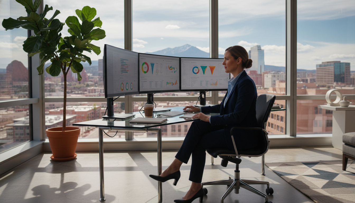 Marketing strategist analyzing AI dashboards in modern Akron office with city views