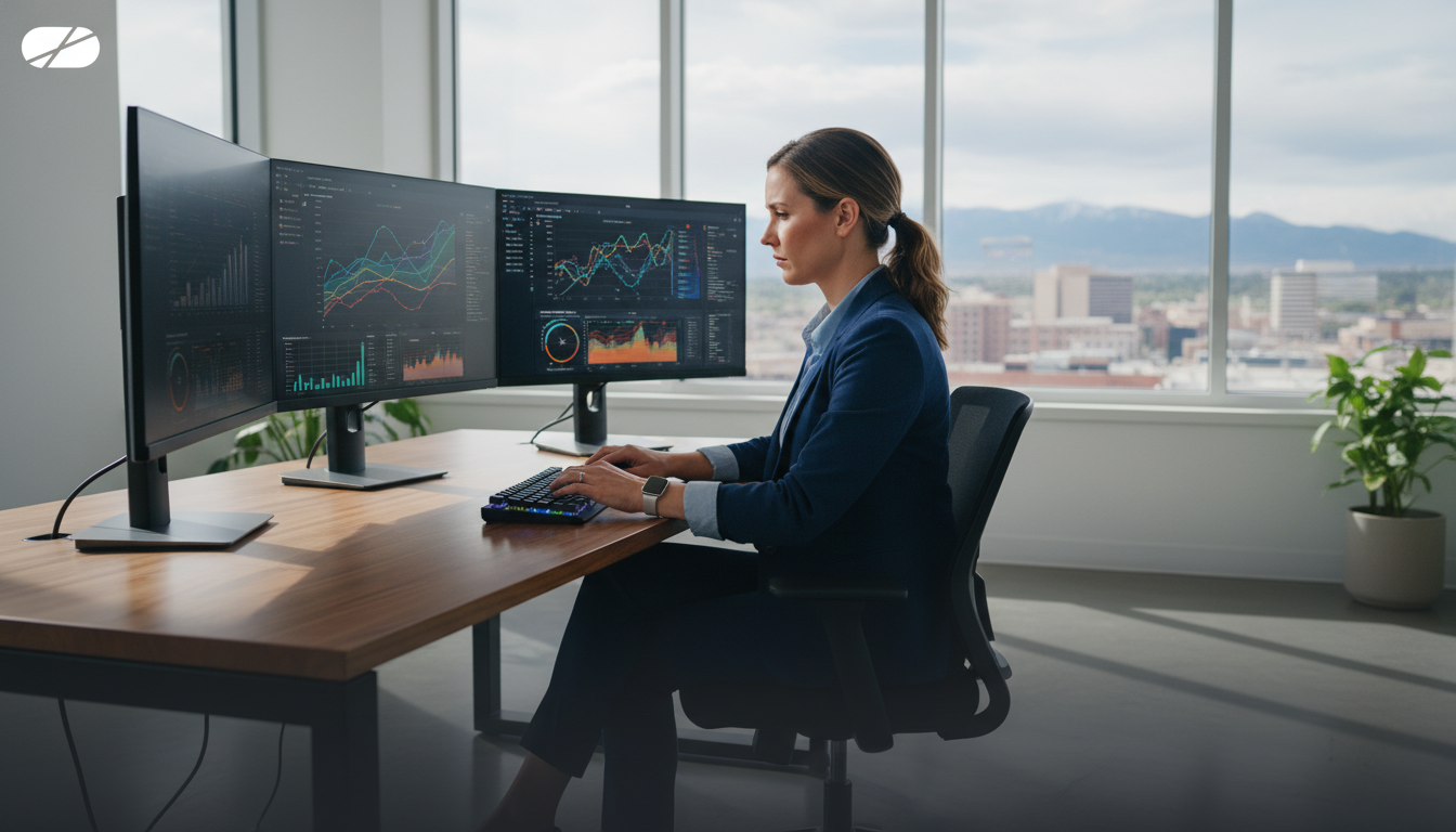 Professional strategist reviewing programmatic SEO analytics on multiple monitors in modern Colorado Springs tech office