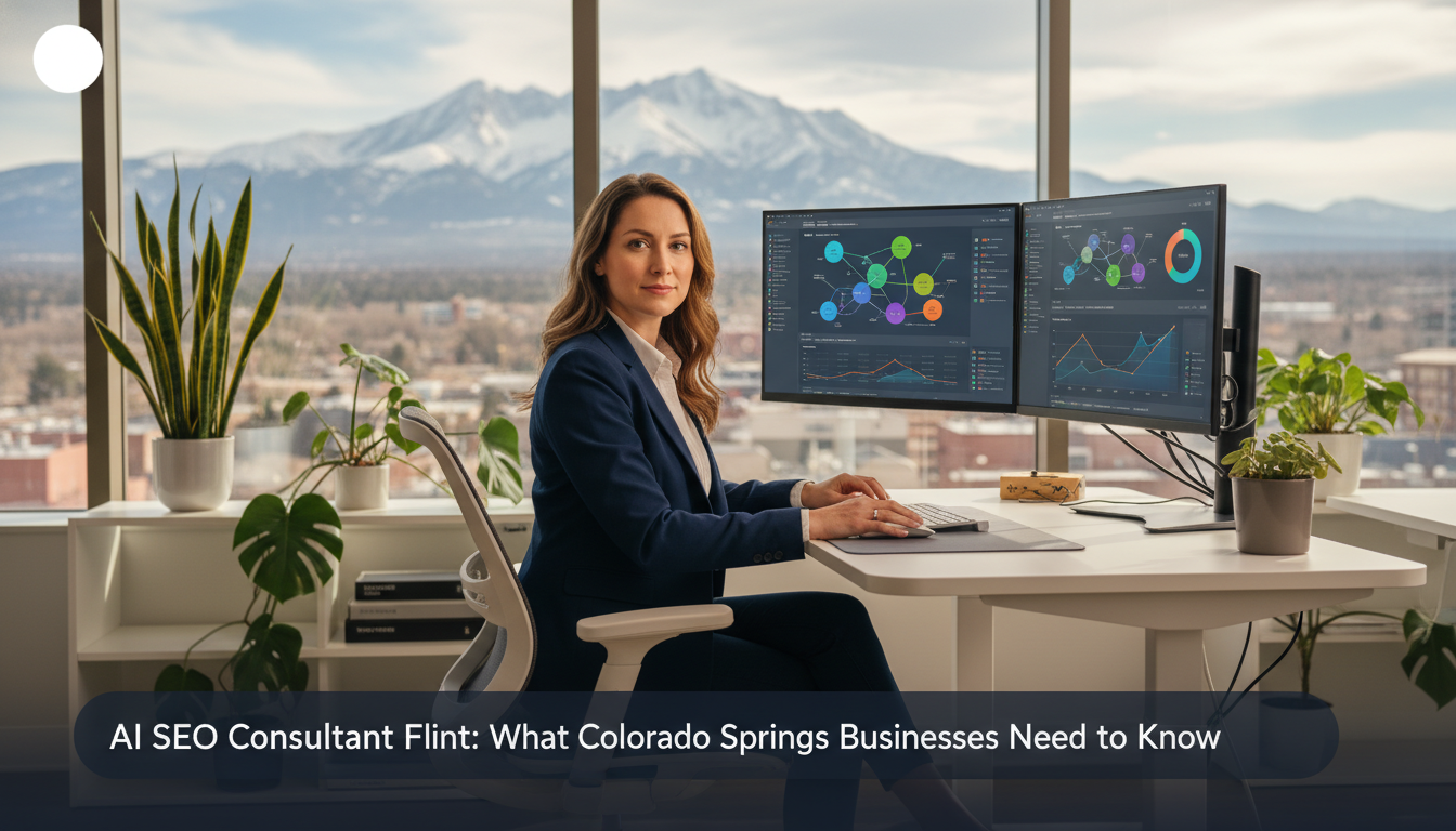 SEO analyst reviewing analytics on modern computer setup with Pikes Peak view in Flint office