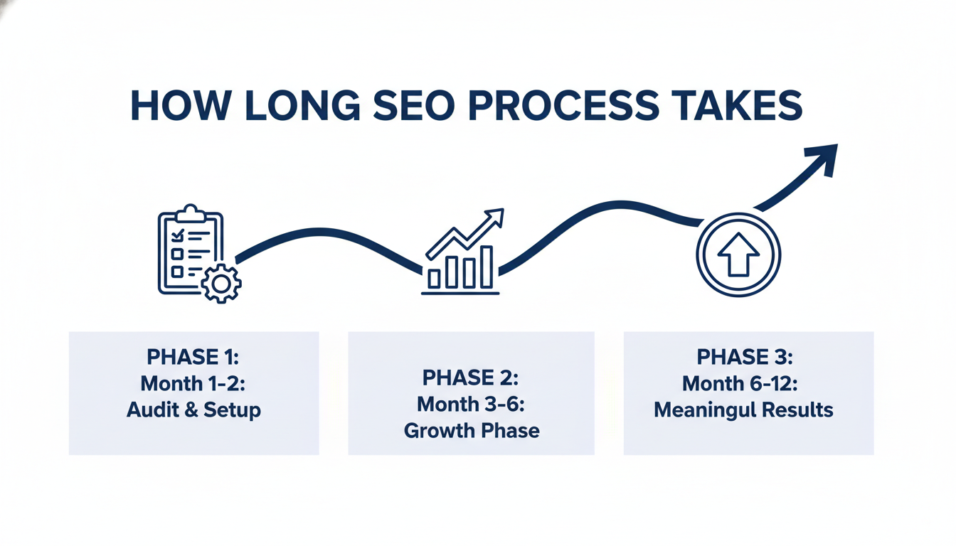 SEO timeline diagram showing three phases: Months 1-2 audit setup, months 3-6 growth, and months 6-12 meaningful results for San Antonio businesses.