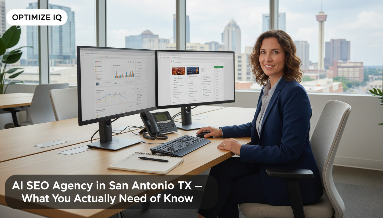 Professional SEO strategist analyzing analytics dashboards in modern San Antonio office with dual monitors displaying search rankings and keyword data.