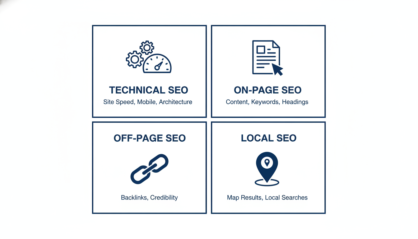 Four pillars of SEO infographic: Technical SEO, On-Page SEO, Off-Page SEO, and Local SEO with icons and descriptions for San Antonio SEO services.