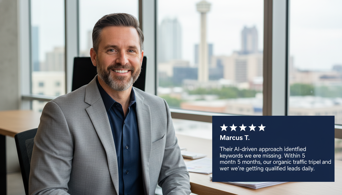 Satisfied San Antonio business owner with 5-star review testimonial praising AI-driven SEO results: organic traffic tripled in 5 months with qualified leads.