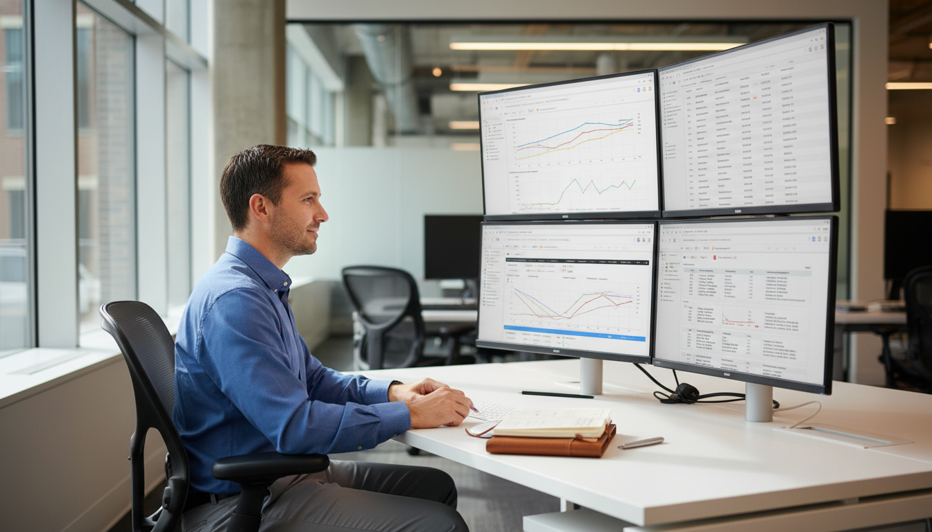 SEO consultant analyzing analytics on multiple monitors in modern Raleigh office
