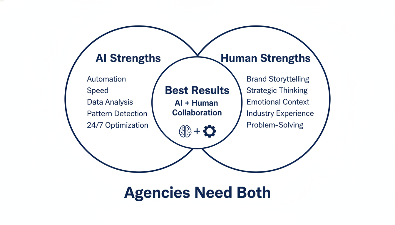 Venn diagram comparing AI strengths versus human strategist strengths in digital marketing