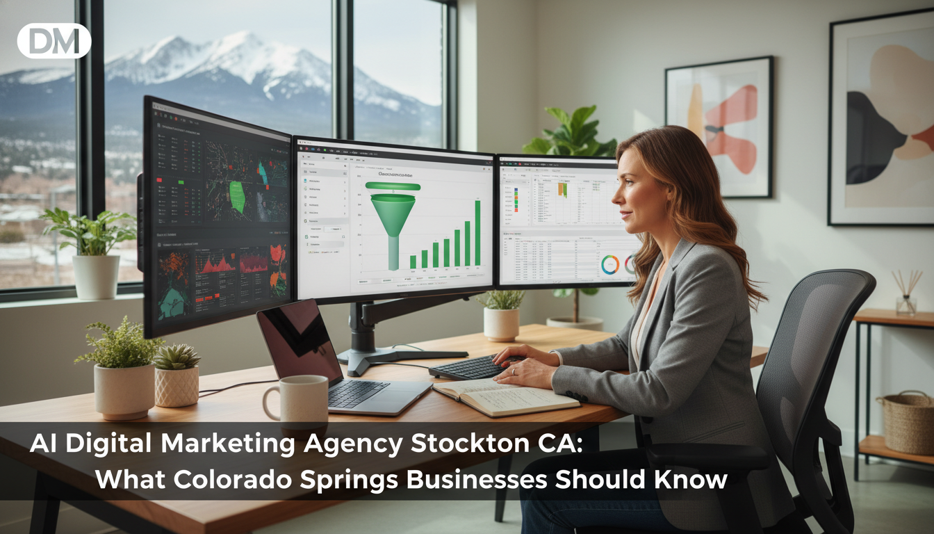 Digital marketing strategist at desk with analytics dashboards in modern Stockton office