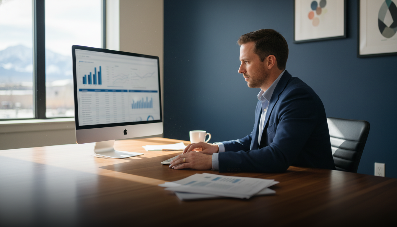 Professional strategist reviewing SEO analytics on computer in modern Spokane office with mountain view