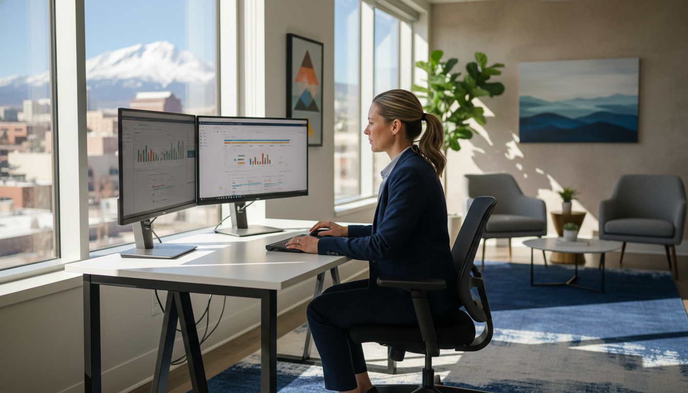 SEO strategist reviewing analytics in modern Nashville office with Pikes Peak view, SEO Hybrid, Nashville