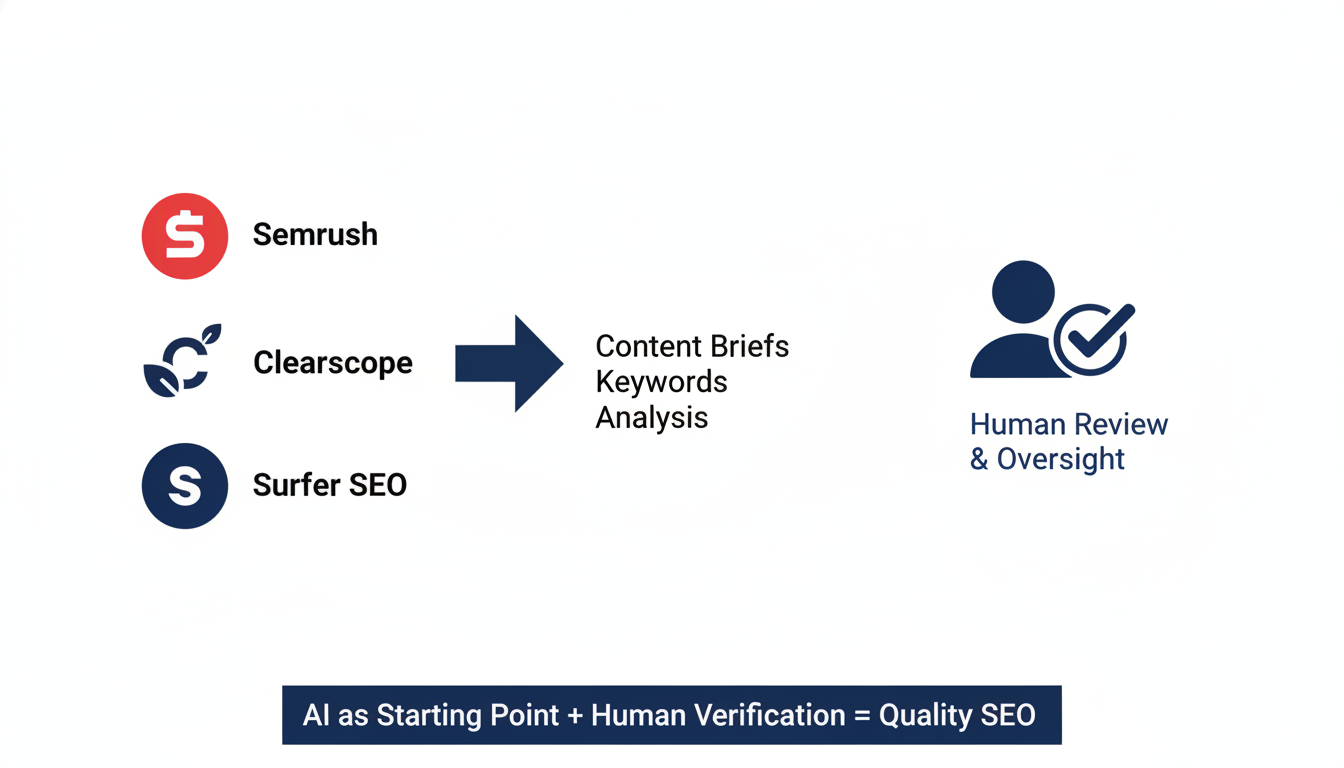 AI SEO tools workflow diagram showing Semrush, Clearscope, Surfer SEO with human review checkpoint, SEO Hybrid, Colorado Springs