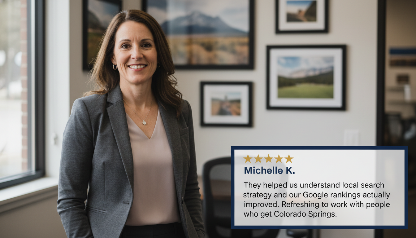 Colorado Springs business owner Michelle K. shares 5-star testimonial about local SEO improvements, SEO Hybrid, Colorado Springs