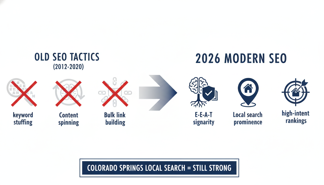 SEO evolution timeline from 2012-2026: outdated tactics to modern topical authority and E-E-A-T, SEO Hybrid, Colorado Springs