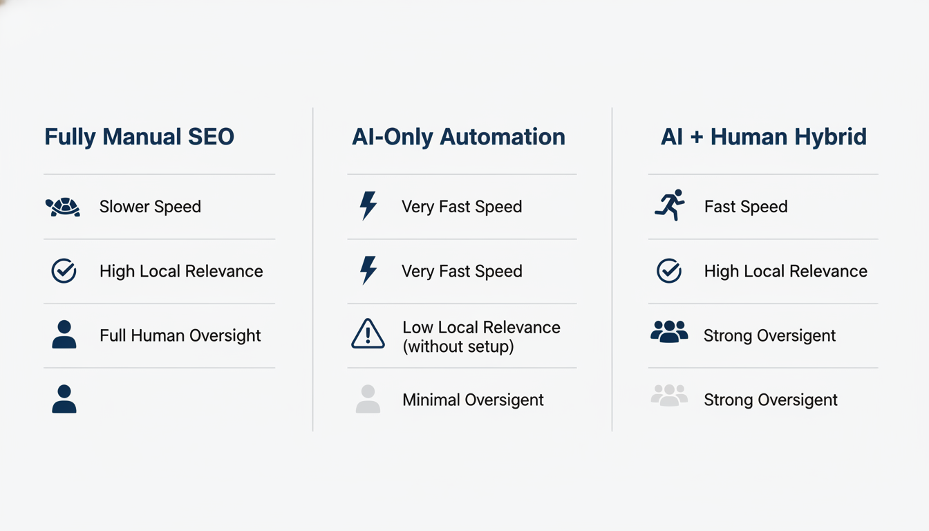 Comparison chart: Manual SEO vs AI-Only vs AI-Human Hybrid approaches for local rankings, SEO Hybrid, Colorado Springs