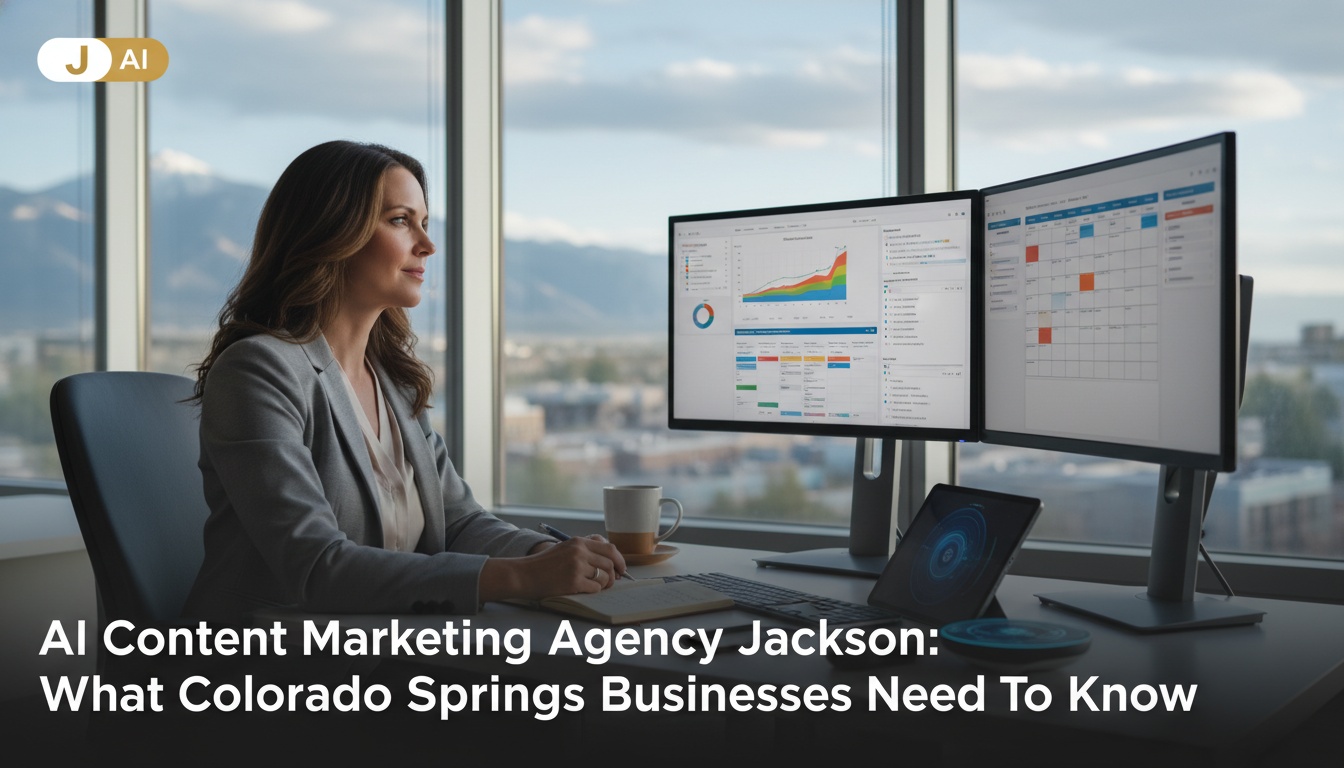Professional strategist at modern office desk viewing analytics dashboards, Jackson content marketing agency workspace