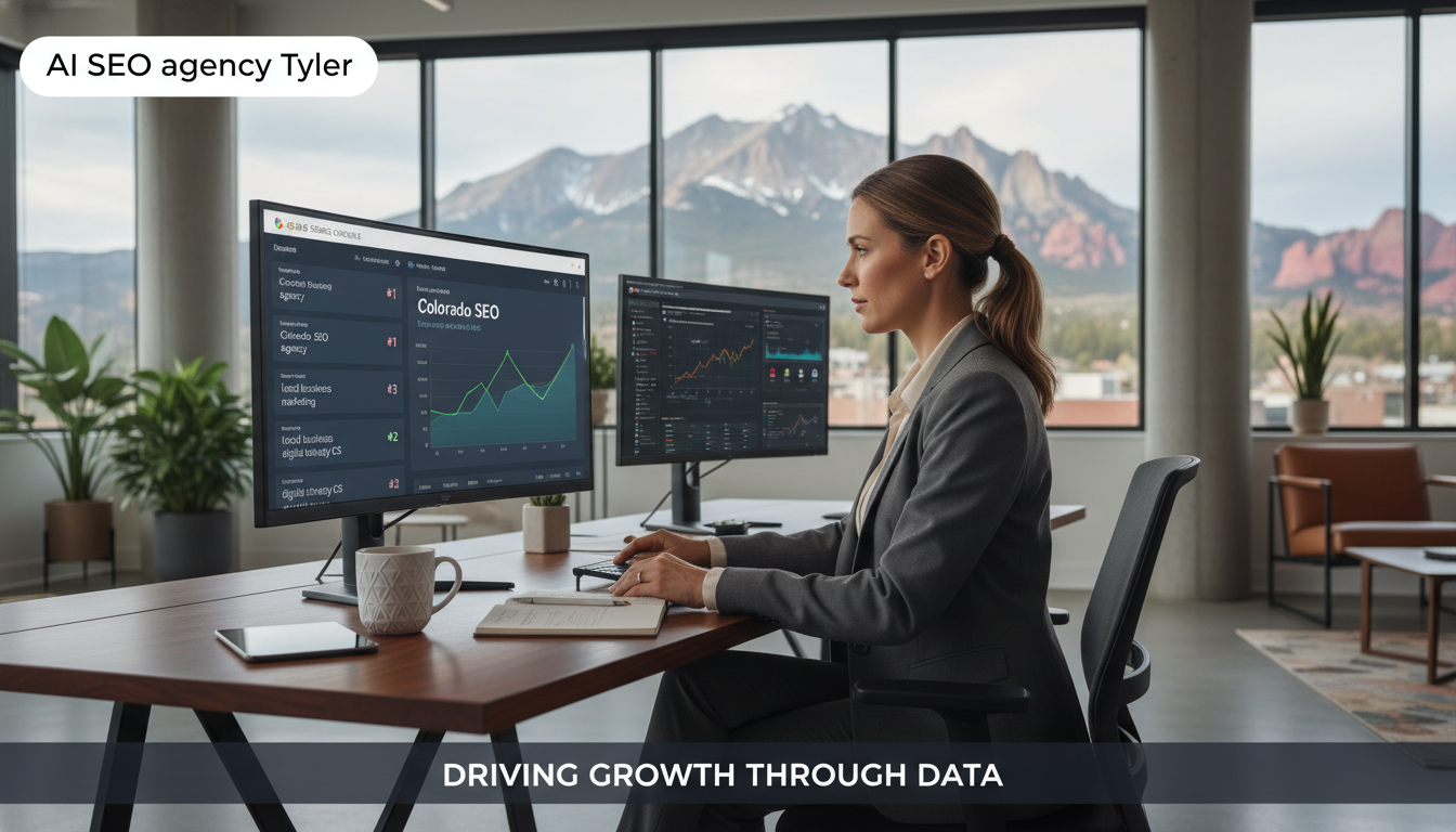 Marketing strategist reviewing SEO analytics in Tyler modern office with mountain views in background