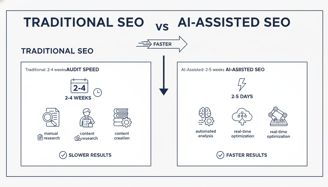 Infographic comparing Traditional SEO 2-4 week timeline vs AI SEO 2-5 day audit speed comparison