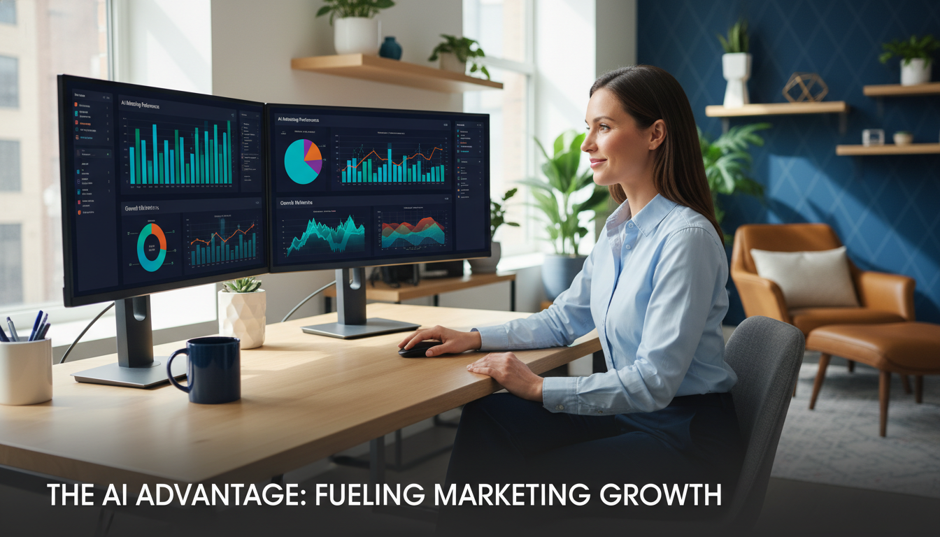 Marketing professional at desk with analytics dashboards in modern Flint office
